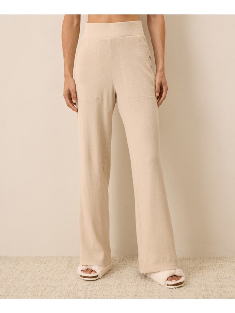 Pact Lounge Pants Women's Sz L Sandshell Organic Cotton Stretch Ribbed Wide Leg